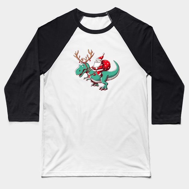 Santa Riding Dinosaur T-Rex Baseball T-Shirt by katzura